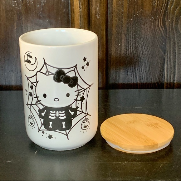 Hello Kitty Skeleton Spider Web Halloween Cellar Style Canister with Wooden Lid - Picture 12 of 13